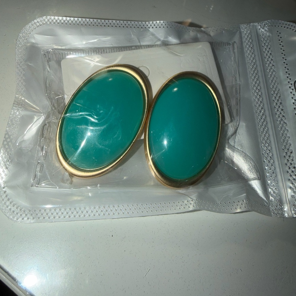 🆕 Gold and Teal Oval oversized Earrings